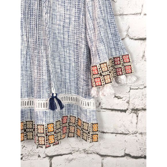 JOHN MARK Embroidered Tasseled "Granny Square" Tunic Boho Cottage Artsy Medium - Picture 2 of 9